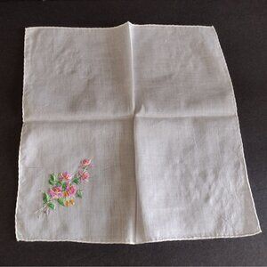 Vintage Cotton Hankie Hankerchief Hand Rolled Sewn Edge Pink Flowers Floral